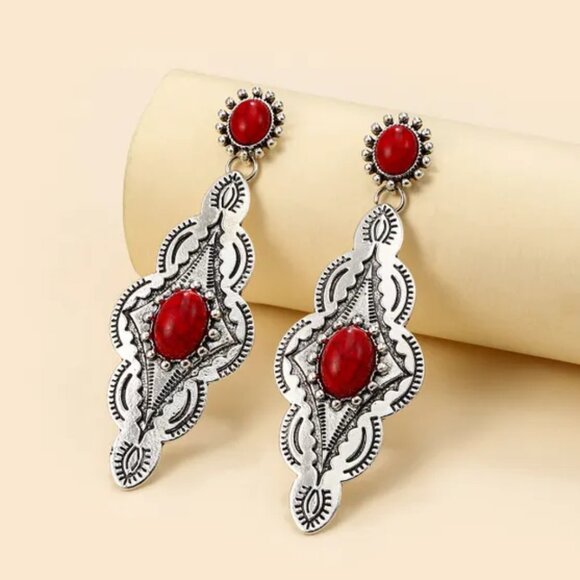 chichigems Jewelry - Western Southwestern Boho Cowboy Aged Silver & Red Turquoise Dangle Earrings